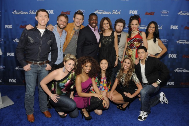 AMERICAN IDOL: AMERICAN IDOL Finalists (Clockwise from Left) Scott McReery,  Paul McDonald,  James Durbin,  Jacob Lusk,  Karen Rodriguez,  Casey Abrams,  Naima Adedapo,  Pia Toscano,  Stefano Langone,  Haley Reinhart,  Thia Megia,  Ashthon Jonesand Lauren Alaina arrive on the red carpet at the AMERICAN IDOL TOP 13 FINALIST PARTY on Thursday,  March 3 at The Grove in Los Angeles,  CA.
