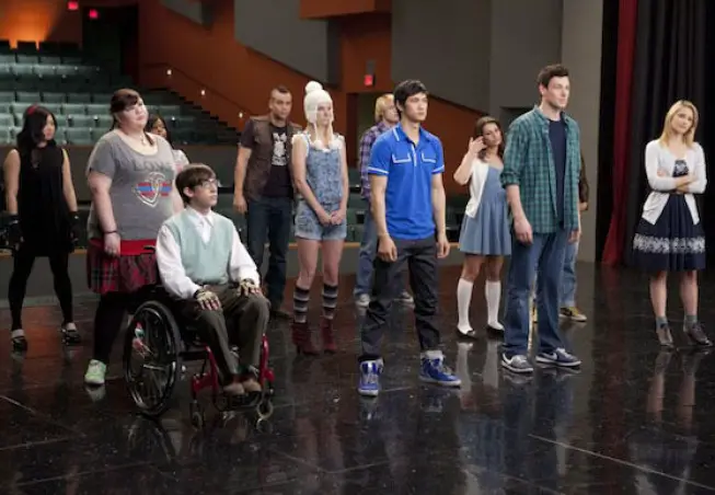 GLEE: The glee club gets ready for rehearsal in the super-sized 90-minute "Born This Way" episode of GLEE airing Tuesday; April 26 (8:00-9:30 PM ET/PT) on FOX. (Pictured from L-R: Jenna Ushkowitz; Ashley Fink; Amber Riley; Kevin MChale; Mark Saling; Heather Morris; Harry Shum Jr.; Chord Overstreet; Lea Michele; Cory Monteith; Dianna Agron) ©2011 Fox Broadcasting Co. CR: Adam Rose/FOXLea Michele; Cory Monteith; Dianna Agron) ©2011 Fox Broadcasting Co. CR: Adam Rose/FOX