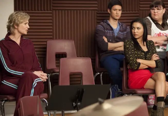 GLEE: Sue (Jane Lynch,  L) sits in on a glee club rehearsal in the "Comeback" episode of GLEE airing Tuesday,  Feb. 15 (8:00-9:01 PM ET/PT) on FOX. Also pictured L-R: Harry Shum Jr.,  Naya Rivera and Ashley Fink. Bottom L-R: Naya Rivera and  ©2011 Fox Broadcasting Co. CR: Adam Rose/FOX