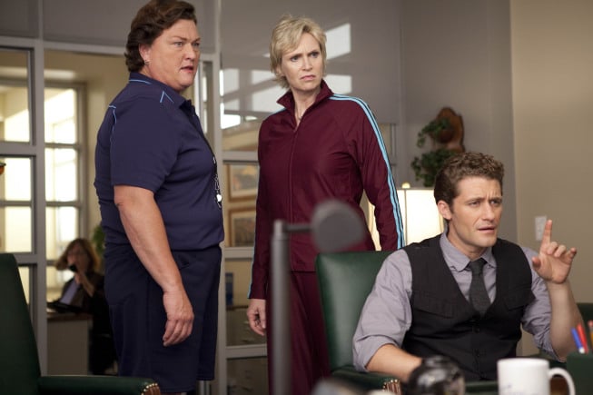 GLEE:  Coach Beiste (guest star Jone Shannon,  L),  Will (Matthew Morrison,  R) and Sue (Jane Lynch,  C) argue in Principal Figgins' office in "Audition"  the season premiere episode of GLEE airing Tuesday,  Sept. 21 (8:00-9:00 PM ET/PT) on FOX. ©2010 Fox Broadcasting Co. Cr: Adam Rose/FOX