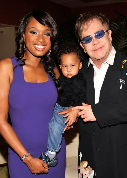 LAS VEGAS - OCTOBER 09:  (Exclusive Coverage) Singer Jennifer Hudson with her son David Daniel Otunga and musician Elton John backstage at the Andre Agassi Foundation for Education's 15th Grand Slam for Children benefit concert at the Wynn Las Vegas October 9,  2010 in Las Vegas,  Nevada. The event raises funds to help improve education for underserved youth in the Las Vegas community.  (Photo by Kevin Mazur/WireImage)
